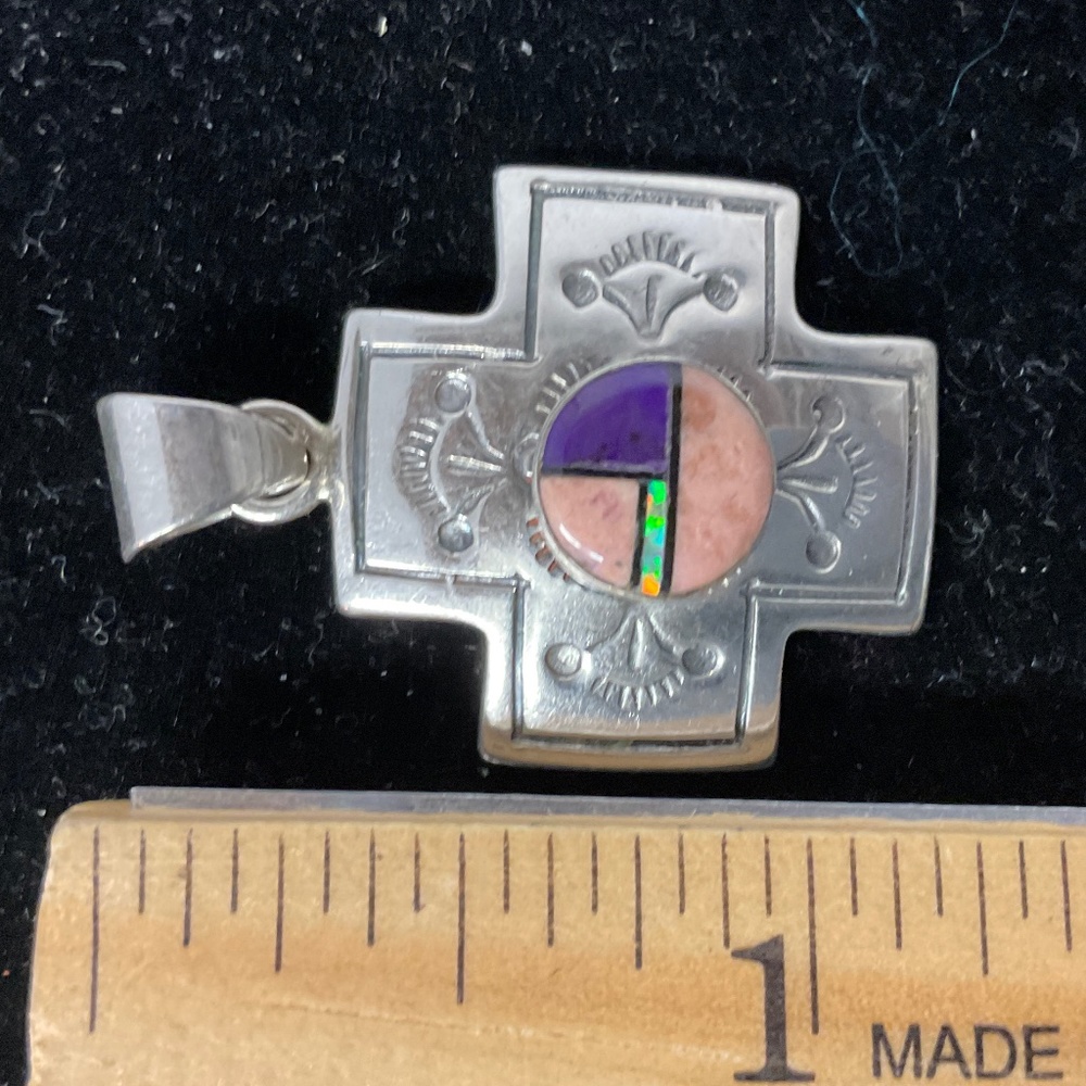 Sterling Silver Cross Pendant w/ Inlay Design - Picture 4 of 6